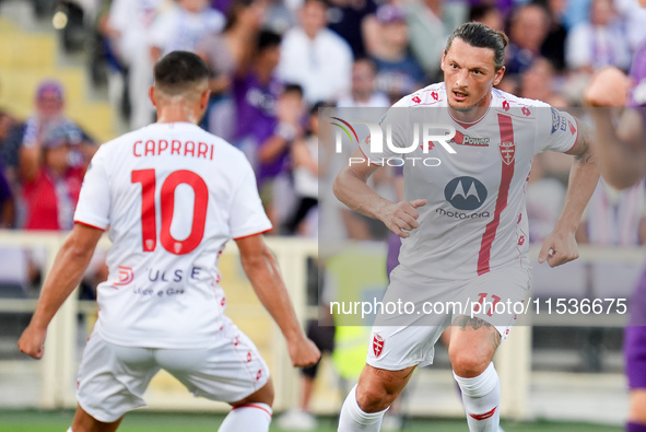 Milan Djuric of AC Monza celebrates after scoring first goal during the Serie A Enilive match between ACF Fiorentina and AC Monza at Stadio...