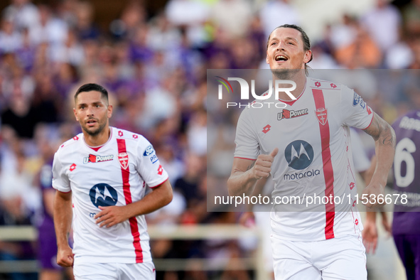 Milan Djuric of AC Monza celebrates after scoring first goal during the Serie A Enilive match between ACF Fiorentina and AC Monza at Stadio...