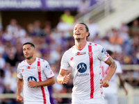 Milan Djuric of AC Monza celebrates after scoring first goal during the Serie A Enilive match between ACF Fiorentina and AC Monza at Stadio...