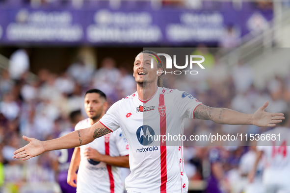 Milan Djuric of AC Monza celebrates after scoring first goal during the Serie A Enilive match between ACF Fiorentina and AC Monza at Stadio...