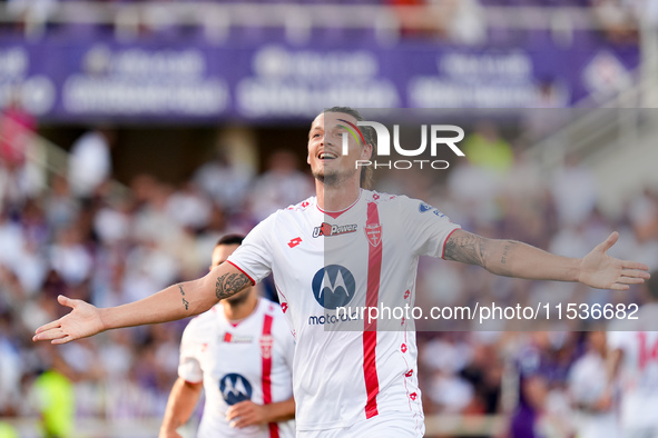 Milan Djuric of AC Monza celebrates after scoring first goal during the Serie A Enilive match between ACF Fiorentina and AC Monza at Stadio...