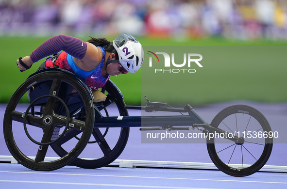 Chelsea Stein of United States of America in action in Women's 800m - T53 Final during the Paris 2024 Paralympic Games at Stade de France on...