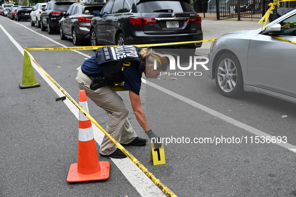 Shell casing is recovered at the crime scene and an evidence marker is placed. A 37-year-old male is shot and killed in Brooklyn, New York,...