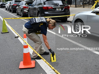 Shell casing is recovered at the crime scene and an evidence marker is placed. A 37-year-old male is shot and killed in Brooklyn, New York,...