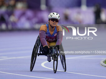 Chelsea Stein of United States of America in action in Women's 800m - T53 Final during the Paris 2024 Paralympic Games at Stade de France on...