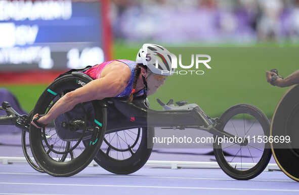 Tatyana Mcfadden of United States of America in action in Women's 800m - T54 Final during the Paris 2024 Paralympic Games at Stade de France...