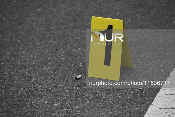 An evidence marker marks where a shell casing is found at the crime scene. A 37-year-old male is shot and killed in Brooklyn, New York, Unit...