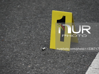 An evidence marker marks where a shell casing is found at the crime scene. A 37-year-old male is shot and killed in Brooklyn, New York, Unit...