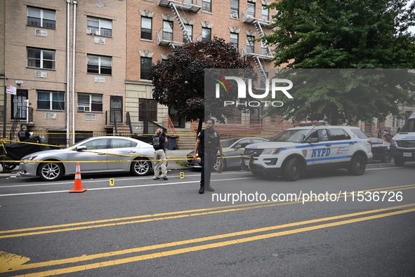 Evidence markers at the crime scene highlight where evidence is found. A 37-year-old male is shot and killed in Brooklyn, New York, United S...