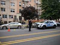 Evidence markers at the crime scene highlight where evidence is found. A 37-year-old male is shot and killed in Brooklyn, New York, United S...