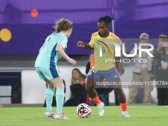 Linda Caicedo of Colombia fights for the ball against Sasha Grove of Australia during the 2024 FIFA U-20 Women's World Cup match between Col...