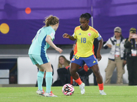 Linda Caicedo of Colombia fights for the ball against Sasha Grove of Australia during the 2024 FIFA U-20 Women's World Cup match between Col...