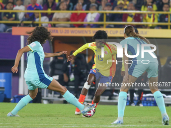 Karla Torres of Colombia fights for the ball against Indiana Dos Santos of Australia during the 2024 FIFA U-20 Women's World Cup match betwe...