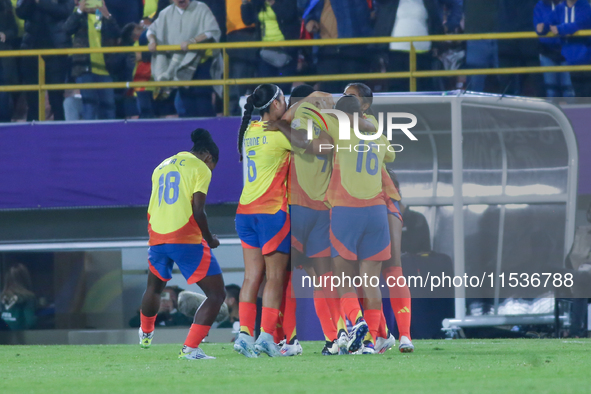 Colombia players celebrate a goal during the 2024 FIFA U-20 Women's World Cup match between Colombia and Australia at El Campin stadium in B...