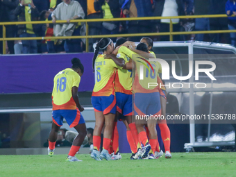 Colombia players celebrate a goal during the 2024 FIFA U-20 Women's World Cup match between Colombia and Australia at El Campin stadium in B...