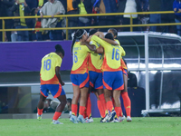 Colombia players celebrate a goal during the 2024 FIFA U-20 Women's World Cup match between Colombia and Australia at El Campin stadium in B...