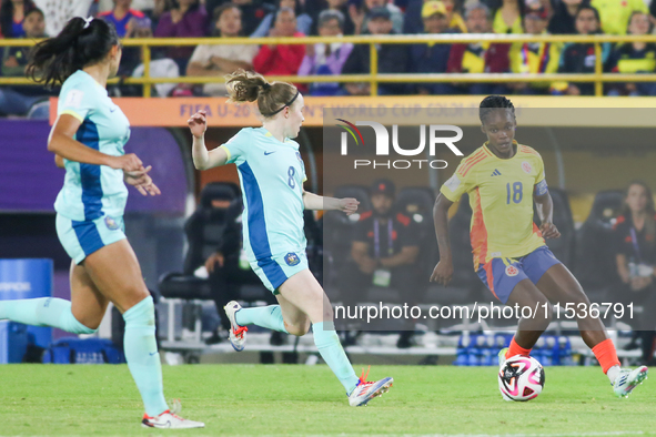 Linda Caicedo of Colombia fights for the ball against Sasha Grove of Australia during the 2024 FIFA U-20 Women's World Cup match between Col...