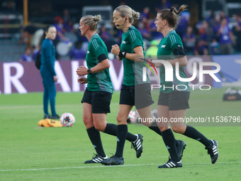 Female referees officiate the FIFA U-20 Women's World Cup match between Colombia and Australia at the El Campin stadium in Bogota, Colombia,...