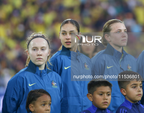 Sasha Grove, Indiana Dos Santos, and Kahli Johnson of Australia during the FIFA U-20 Women's World Cup 2024 match between Colombia and Austr...