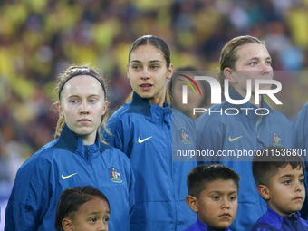 Sasha Grove, Indiana Dos Santos, and Kahli Johnson of Australia during the FIFA U-20 Women's World Cup 2024 match between Colombia and Austr...