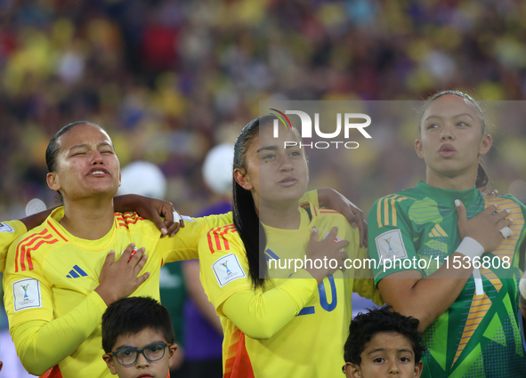 Juana Ortegon, Karla Viancha, and Luisa Agudelo of Colombia during the FIFA U-20 Women's World Cup 2024 match between Colombia and Australia...