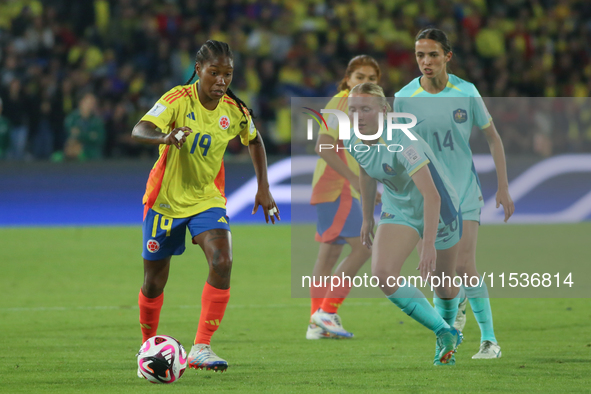 Sintia Cabezas of Colombia fights for the ball against Tanaye Morris of Australia during the 2024 FIFA U-20 Women's World Cup match between...