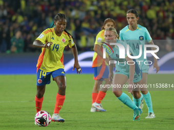 Sintia Cabezas of Colombia fights for the ball against Tanaye Morris of Australia during the 2024 FIFA U-20 Women's World Cup match between...