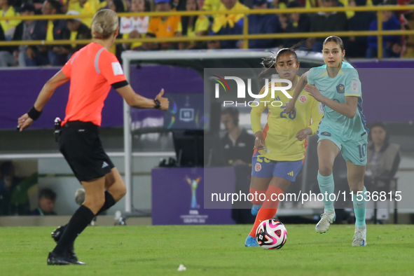 Karla Viancha of Colombia fights for the ball against Indiana Dos Santos of Australia during the 2024 FIFA U-20 Women's World Cup match betw...