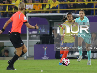 Karla Viancha of Colombia fights for the ball against Indiana Dos Santos of Australia during the 2024 FIFA U-20 Women's World Cup match betw...