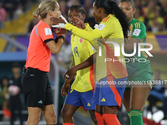 Ivana Martincic talks to Colombia's players during the 2024 FIFA U-20 Women's World Cup match between Colombia and Australia at El Campin st...