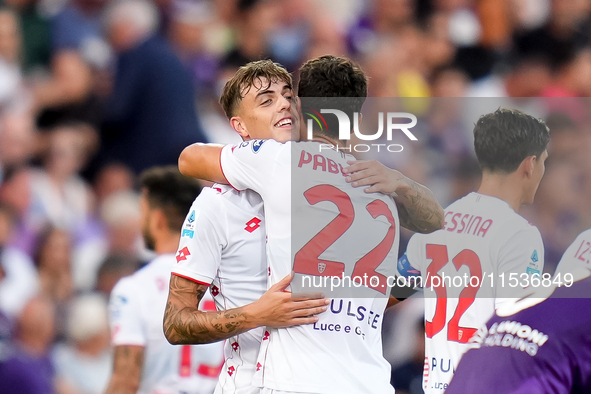 Daniel Maldini of AC Monza celebrates after scoring second goal during the Serie A Enilive match between ACF Fiorentina and AC Monza at Stad...