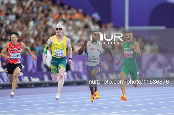 Ageze Salum Kashafali of Norway celebrates winning silver in Men's 100m - T13 Final during the Paris 2024 Paralympic Games at Stade de Franc...