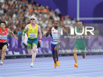 Ageze Salum Kashafali of Norway celebrates winning silver in Men's 100m - T13 Final during the Paris 2024 Paralympic Games at Stade de Franc...