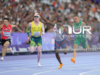 Ageze Salum Kashafali of Norway celebrates winning silver in Men's 100m - T13 Final during the Paris 2024 Paralympic Games at Stade de Franc...