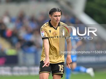 George Dobson (15 Wrexham) gestures during the Sky Bet League 1 match between Peterborough and Wrexham at London Road in Peterborough, Engla...