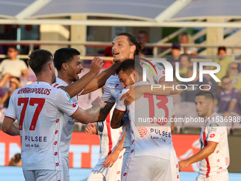 Milan Djuric of AC Monza celebrates after scoring his team's goal during the Italian Serie A football match between ACF Fiorentina and AC Mo...