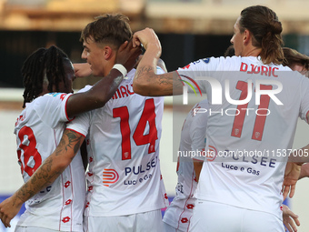 Daniel Maldini of AC Monza celebrates after scoring his team's goal during the Italian Serie A football match between ACF Fiorentina and AC...