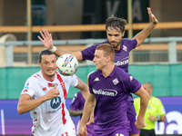 Pietro Comuzzo of ACF Fiorentina and Milan Djuric of AC Monza battle for the ball during the Italian Serie A football match between ACF Fior...