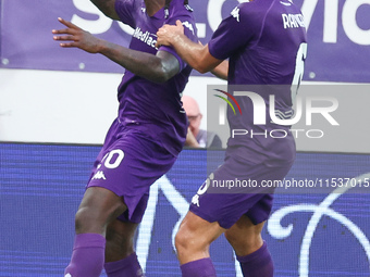 Moise Kean of ACF Fiorentina celebrates with teammates after scoring a goal during the Italian Serie A football match between ACF Fiorentina...