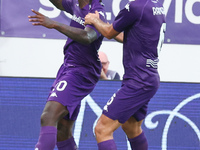 Moise Kean of ACF Fiorentina celebrates with teammates after scoring a goal during the Italian Serie A football match between ACF Fiorentina...