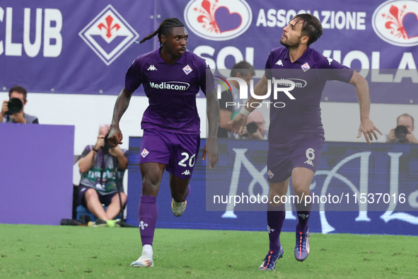 Moise Kean of ACF Fiorentina celebrates after scoring his team's goal during the Italian Serie A football match between ACF Fiorentina and A...