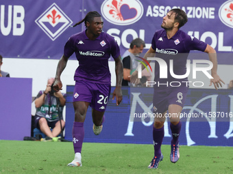 Moise Kean of ACF Fiorentina celebrates after scoring his team's goal during the Italian Serie A football match between ACF Fiorentina and A...