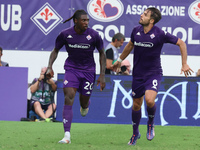 Moise Kean of ACF Fiorentina celebrates after scoring his team's goal during the Italian Serie A football match between ACF Fiorentina and A...