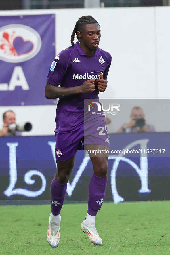 Moise Kean of ACF Fiorentina celebrates after scoring his team's goal during the Italian Serie A football match between ACF Fiorentina and A...