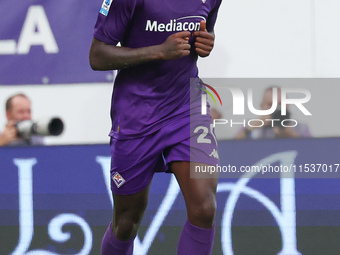 Moise Kean of ACF Fiorentina celebrates after scoring his team's goal during the Italian Serie A football match between ACF Fiorentina and A...