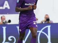 Moise Kean of ACF Fiorentina celebrates after scoring his team's goal during the Italian Serie A football match between ACF Fiorentina and A...