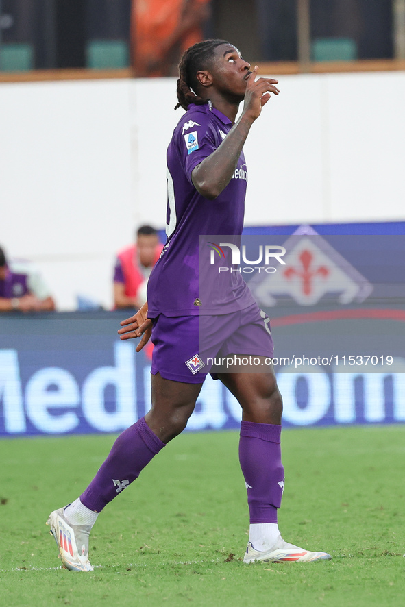 Moise Kean of ACF Fiorentina celebrates after scoring his team's goal during the Italian Serie A football match between ACF Fiorentina and A...