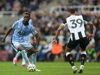 Newcastle United's Bruno Guimaraes closes down Tottenham Hotspur's Pape Matar Sarr during the Premier League match between Newcastle United...