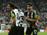 Tino Livramento celebrates with Sandro Tonali and Jacob Murphy during the Premier League match between Newcastle United and Tottenham Hotspu...