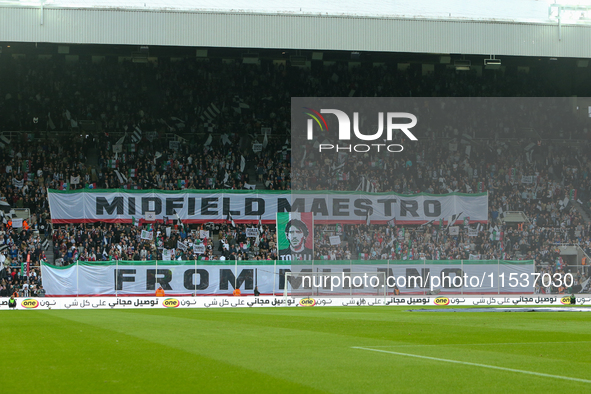 Newcastle United fans display a tifo for Newcastle United's Sandro Tonali during the Premier League match between Newcastle United and Totte...